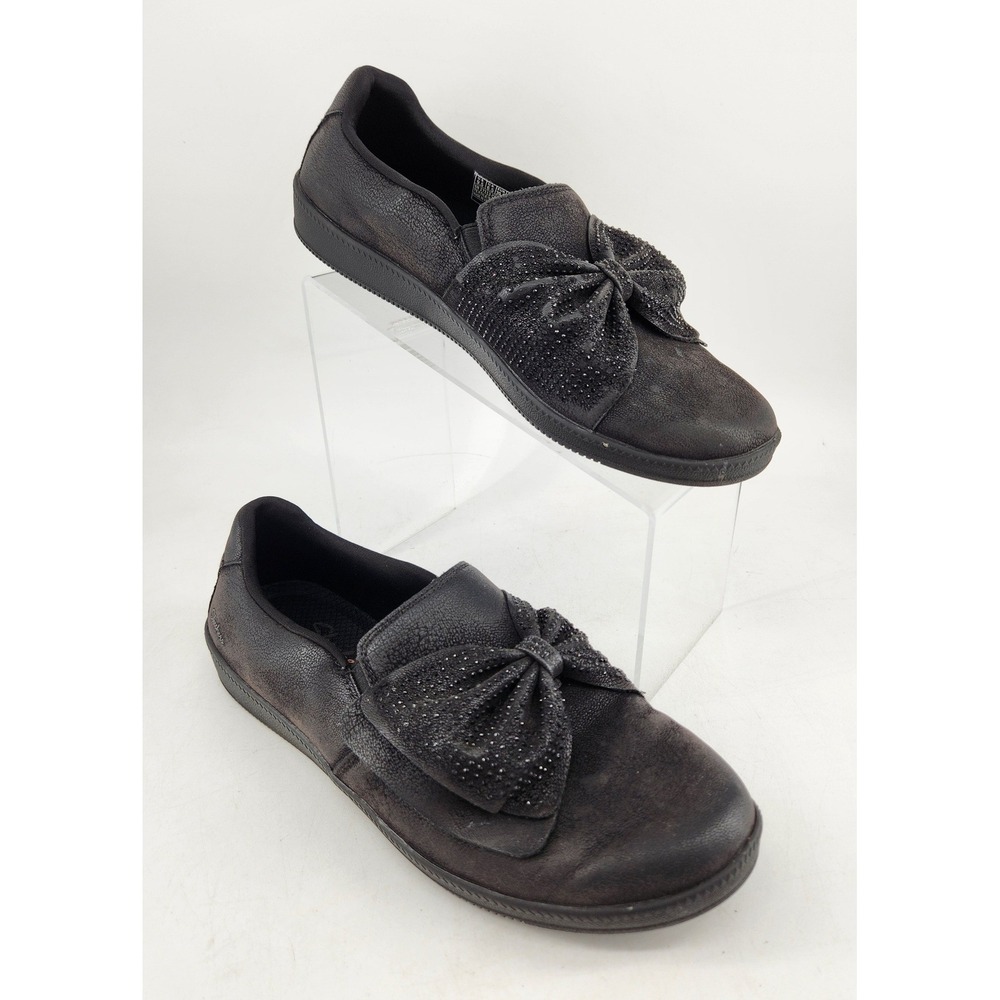 Skechers 27113 Slip On Sneaker Womens 9.5 Black Rhinestone Bow Memory Foam